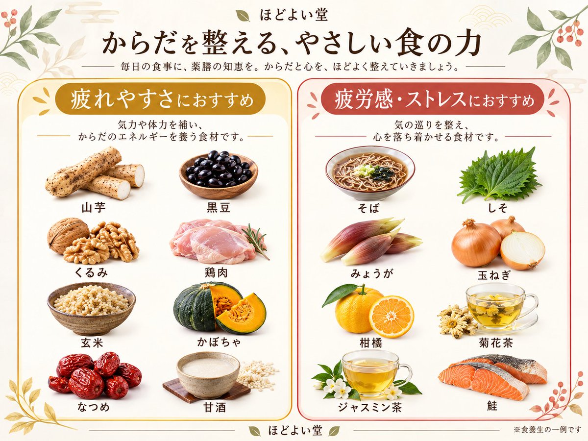 hodoyoido's tweet photo. 「寝ても疲れが抜けない…」「なんとなく気力が出ない…」そんな時は、毎日の食事から整えてみませんか？

中医学では、疲れやすさは「気虚＝エネルギー不足」、ストレスによる疲労感は「気滞＝巡りの停滞」などから考えます。

山芋・黒豆・玄米・なつめ・鶏肉は、元気をつくる食養生に。
しそ・みょうが・柑橘・ジャスミン茶などは、気分と巡りを整えたい時の一杯・一品におすすめです。
まずは毎日の食卓に「1つ足す」ことから🌿

漢方×薬膳×腸活で、自分の体質に合った整え方を知りたい方は「ほどよい堂」へ。

▼ECサイトはこちら
https://t.co/EJuFf1U5Dp

#疲労 #疲れやすい #疲労対策 #薬膳 #薬膳食材 #漢方 #腸活 #気虚 #気滞 #宮崎漢方 #ほどよい堂