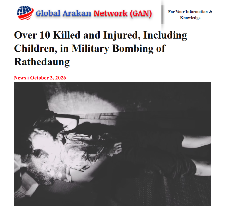 globalarakan's tweet photo. At least three people were killed and no fewer than 12 others were injured after the junta military launched an airstrike using a Y-12 aircraft on Rathedaung Town and nearby villages in Arakan State this morning, October 3, according to local residents.  https://t.co/YCBzGRlAXR https://t.co/XjzgrAvzT6