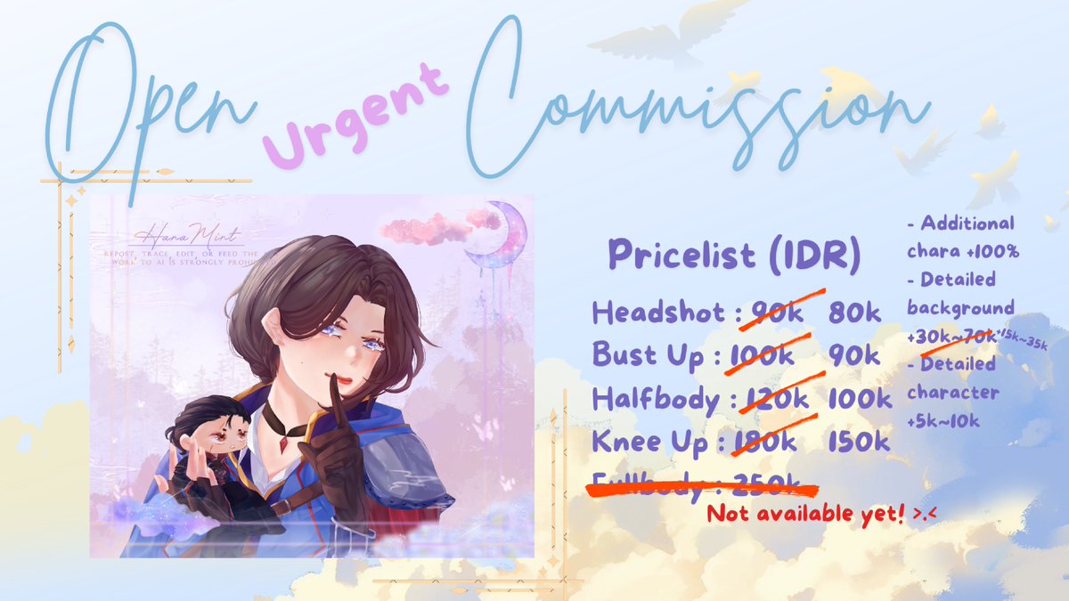 Hanamint15's tweet photo. OPEN URGENT COMMISSION!

Hai semua! Karena aku butuh biaya tambahan biar bisa cepat pulih dari masalah pencernaan, aku memutuskan untuk buka komis dengan style berikut. Sehingga aku bisa dapat membeli mamam sehat. ❣️🥹

I open for 3 slots!

[↻+♡ are deeply appreciated 💖] https://t.co/BkPW7kTiM9