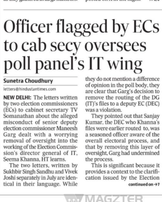 TheSincereDude's tweet photo. Hindustan Times confirmed today: 🚨 

The new IT protocol put in place by Seema Khanna, approved by the Election Commission, shut the database from the very people legally responsible for adding or deleting voter names: EROs and Deputy EROs. 

Statutory officers. People with legal authority under the RP Act 1950. Locked out. By a DG(IT) on deputation from NIC; a government body. 

EC Sandhu objected. EC Joshi objected. Deputy EC Sanjay Kumar objected. 

Maneesh Garg removed Sanjay Kumar's oversight. TV Somanathan couldn't act. The Commission never met in full. 

At every single checkpoint, the accountability mechanism was either bypassed or neutralised. 

That is not a malfunction. That is architecture.