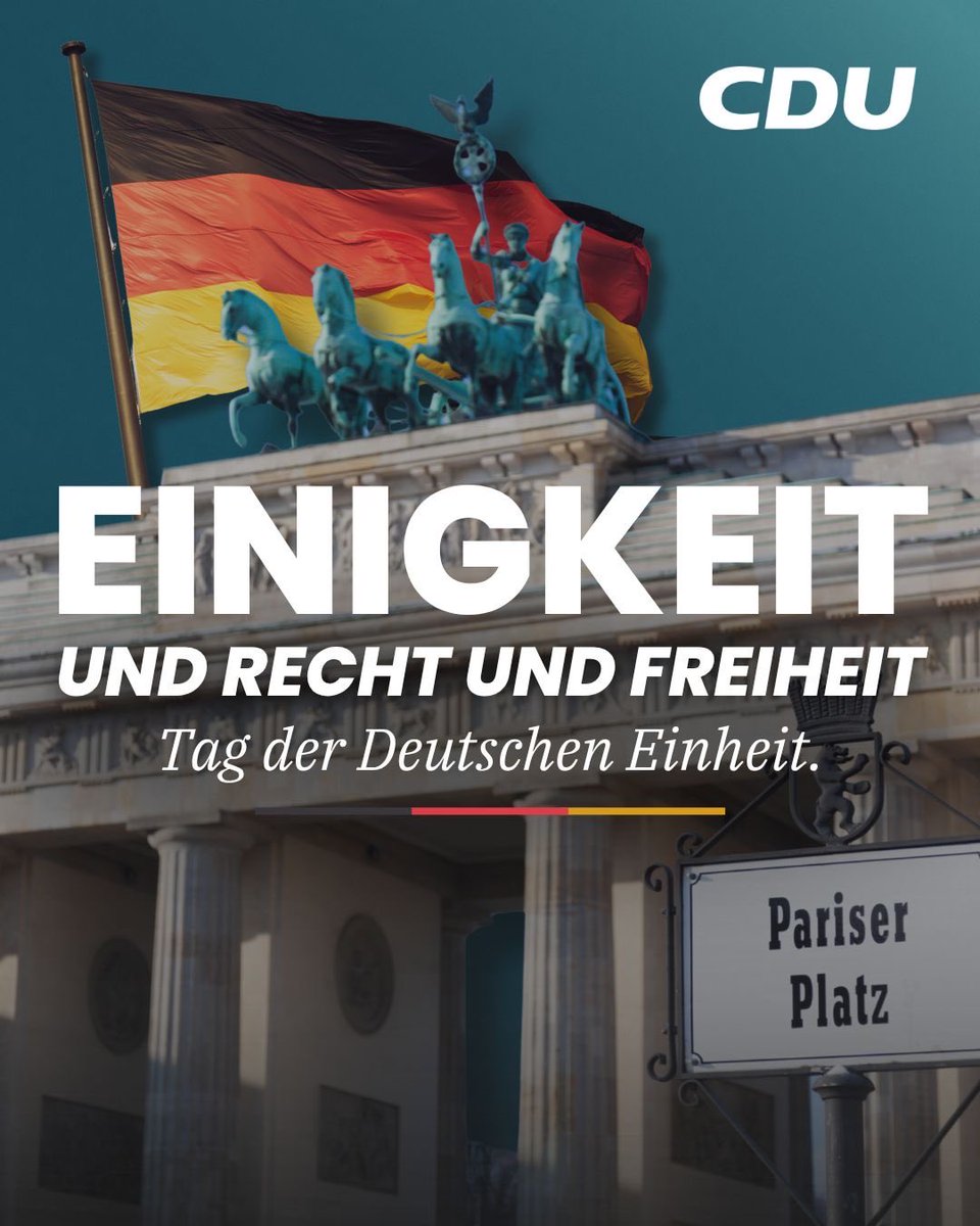 cdu_hessen's tweet photo. 1/2 🇩🇪 Einigkeit. Recht. Freiheit.

Am 3. Oktober feiern wir, was vor 36 Jahren Wirklichkeit wurde: Die deutsche Einheit.
Ein Land, das zusammengehört. Ein Volk, das seine Freiheit zurückgewonnen hat. Und eine Demokratie, die wir jeden Tag gemeinsam gestalten und bewahren. https://t.co/RDKClFvvaf