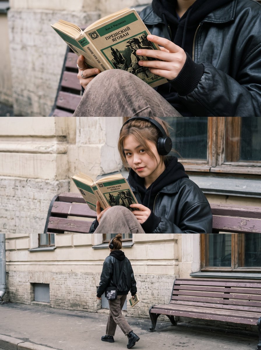 afrinxai's tweet photo. Spiked boots, soft book, quiet street. Proof that tough and gentle can sit on the same bench. 🖤📖
---

This one works because of the contrast between her outfit and what she's doing. The chunky black platform boots with spikes and a pentagram charm, the black leather jacket, and the big over-ear headphones look edgy, but she is calmly reading an old paperback with her head slightly bowed. That mix of hard styling and a quiet, absorbed moment gives the photo a story.

The color palette is muted and moody. Charcoal black, washed brown denim, and faded plum-brown bench slats sit against the weathered wood frame of the old window, and the only light notes are the cream pages of the book and a flash of red from the little heart on her sock. Nothing is saturated, so the whole frame feels calm and cohesive.

The framing and light keep it candid. The soft, overcast daylight is flat and gentle, the background glass and the building facade are slightly blurred, and her pose, with one knee up and her boots toward the camera, feels like a stolen street-photography moment. The wooden bench also acts as a diagonal leading line from the bottom left up to her face.

Reusable rule: for a street portrait with a story, pair a bold, edgy outfit with a calm, quiet action, keep the palette muted and desaturated, and use one small bright detail (the red heart) as a hidden accent.

Prompt in the reply.