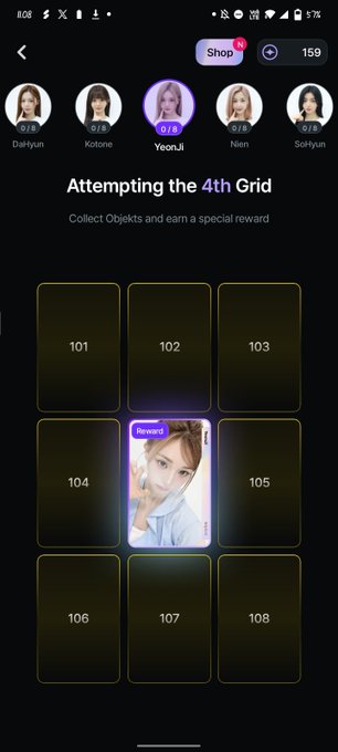 A mobile app screen titled "Attempting the 4th Grid" showing collectible cards of K-pop idols including Dahyun, Kotone, Yeonji, Nien, and Sohyun, with card 104 unlocked featuring Yeonji.