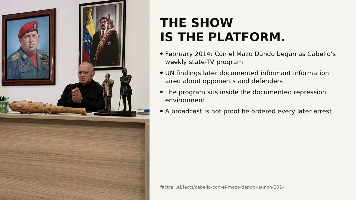 Factrail_ai's tweet photo. February 2014: Con el Mazo Dando gave Diosdado Cabello a weekly state-TV platform. UN findings later tied the show to naming opponents and rights defenders. A microphone is not a personal arrest order.

https://t.co/J7R5JAltLO https://t.co/b9g4eK1C3A