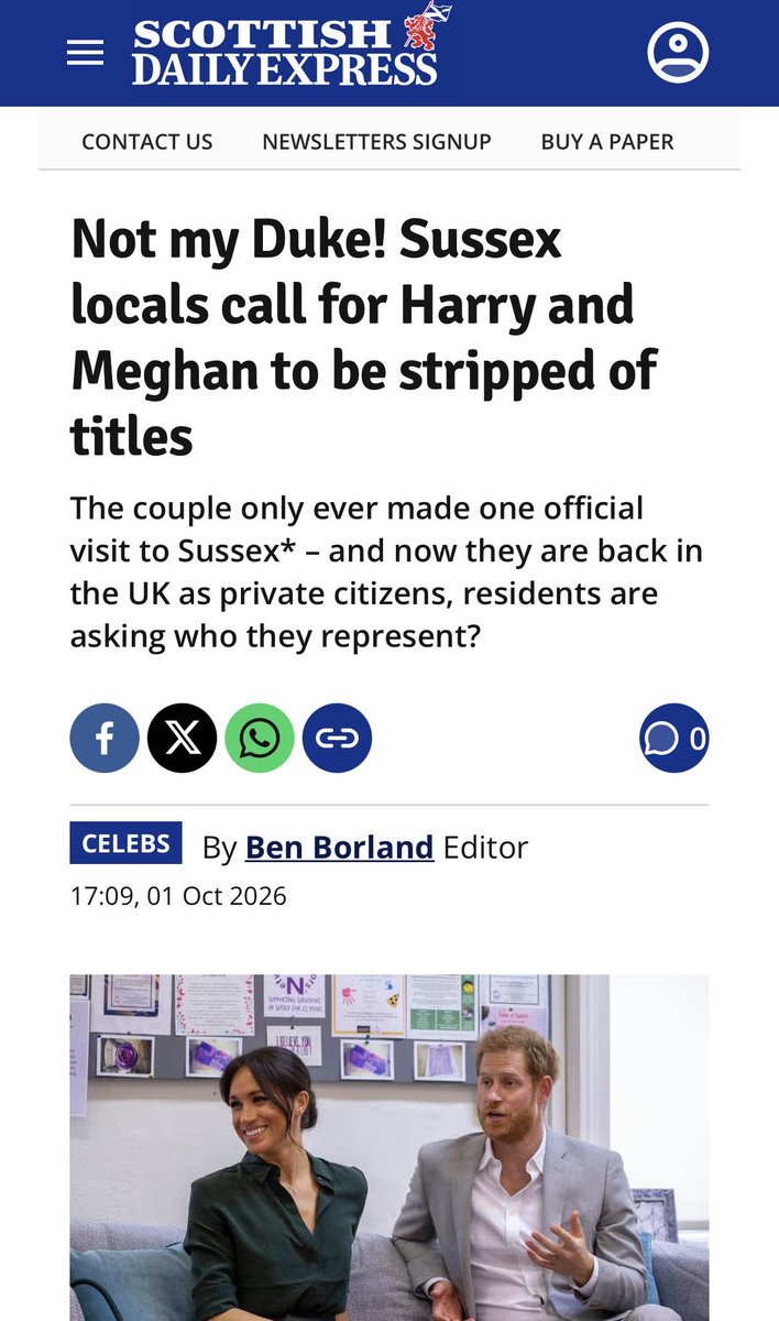 ViQueenie's tweet photo. “NOT MY DUKE.” 👑

That’s the message coming from some residents of Sussex, who are questioning why Harry and Meghan continue to use titles tied to a county with which they’ve had remarkably little involvement. 

We’re all wondering the same. 

According to the Scottish Daily Express, the Sussexes have made just one official visit to Sussex as royals, in October 2018. One! 

A Sussex resident put it plainly: “They’re not my Duke or Duchess… They are private citizens and should lose their titles.” Another said she resents that the couple are even named for the county.

To be fair, royal titles don’t require their holders to live in the places they represent. But that really isn’t the point here. The question being raised is: what meaningful connection have Harry and Meghan maintained with Sussex while continuing to prominently use its name?

That’s a fair question and the answer is, none!