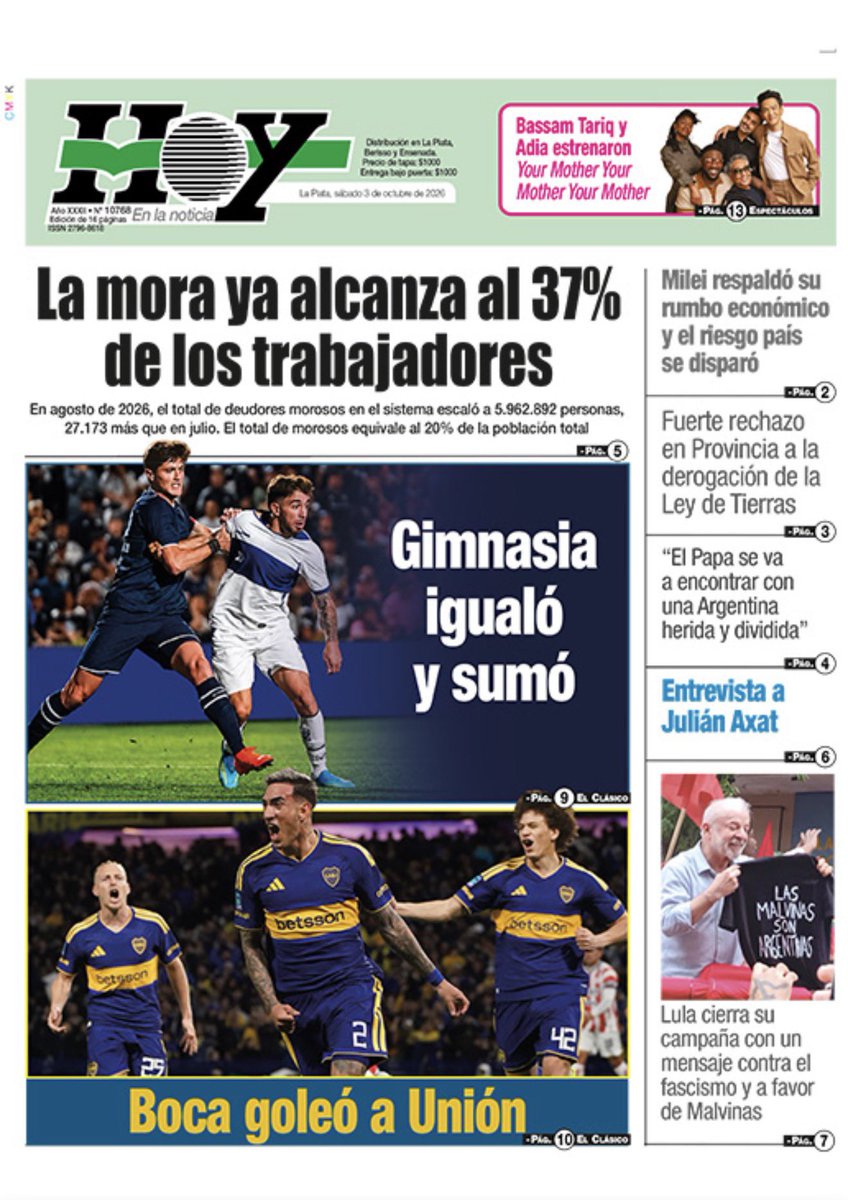 diariohoynet's tweet photo. 🇦🇷🗞️☀️ #LaPlata | #TodoLoDemásEsVerso | https://t.co/11GzOK9Ln6 | #HOYenLaNoticia
▶️📷✅La tapa del Diario #HOY de #LaPlata del SÁBADO 3 de OCTUBRE de 2026

📣 #VersionPDF 

https://t.co/YIa5Khwz0n

📢#VersiónInteractiva 
https://t.co/aAOLVFzPDo… https://t.co/pAUAl36r3e