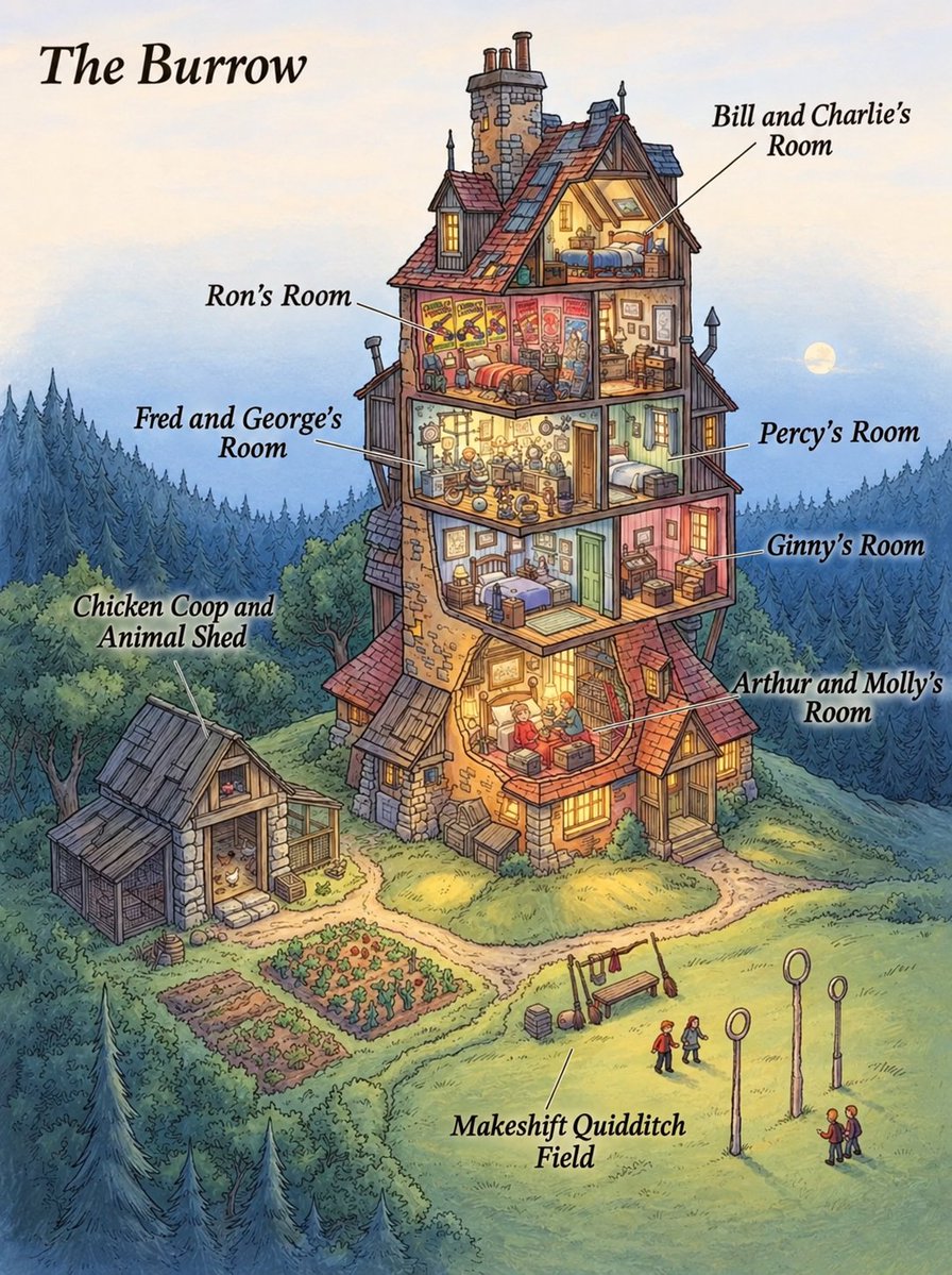 Kieran10x's tweet photo. The Burrow was the Weasley family home and, although from the outside it looked like an old, small house, it had been magically modified.

Its interior had much more space than it appeared to have, allowing the entire family to live there.

The Weasleys did not have many luxuries, and many of their belongings were secondhand, inherited, or repaired. Even so, the Burrow was never presented as a miserable place, but rather as a home filled with food, noise, arguments, jokes, and plenty of family life.

Magic also made everyday life easier. Objects could move on their own, some chores could be done through enchantments, and the house could adapt to the needs of such a large family.

And that was precisely what made the Burrow special: it was not a luxurious house, but it was a home. Harry found there something he had never had with the Dursleys: a place where he could truly feel welcome.