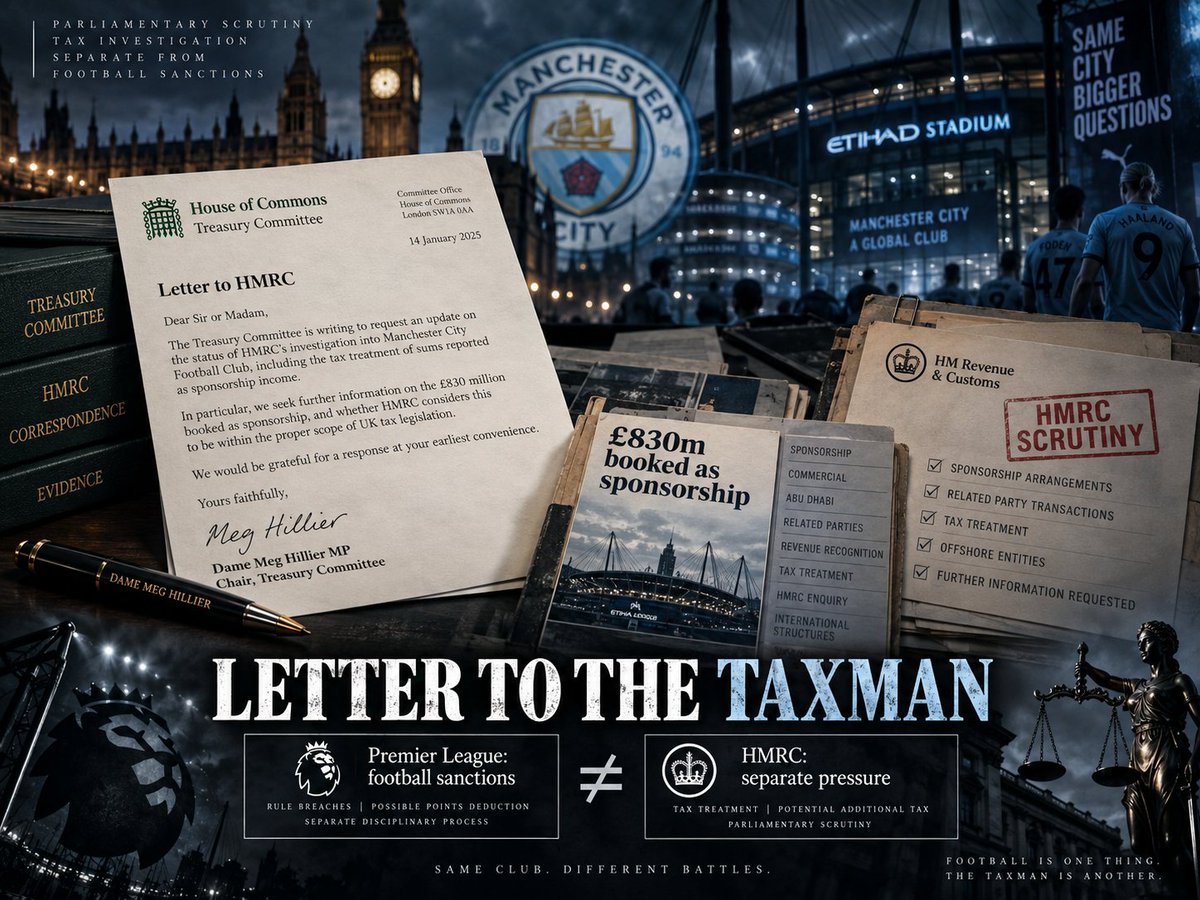 FootyBriefX's tweet photo. Dame Meg Hillier, who chairs the Treasury Committee, has written to HMRC asking whether it's looking at the tax side of the City case.

That's a different kind of pressure. The Premier League can deduct points. HMRC answers to nobody in football and works to its own clock.👇

The commission found the owner's company paid 830m that City booked as sponsorship. Whether that's a tax issue isn't a football call.

City can appeal a Premier League panel. They can't appeal their way out of a letter from Parliament to the taxman.
