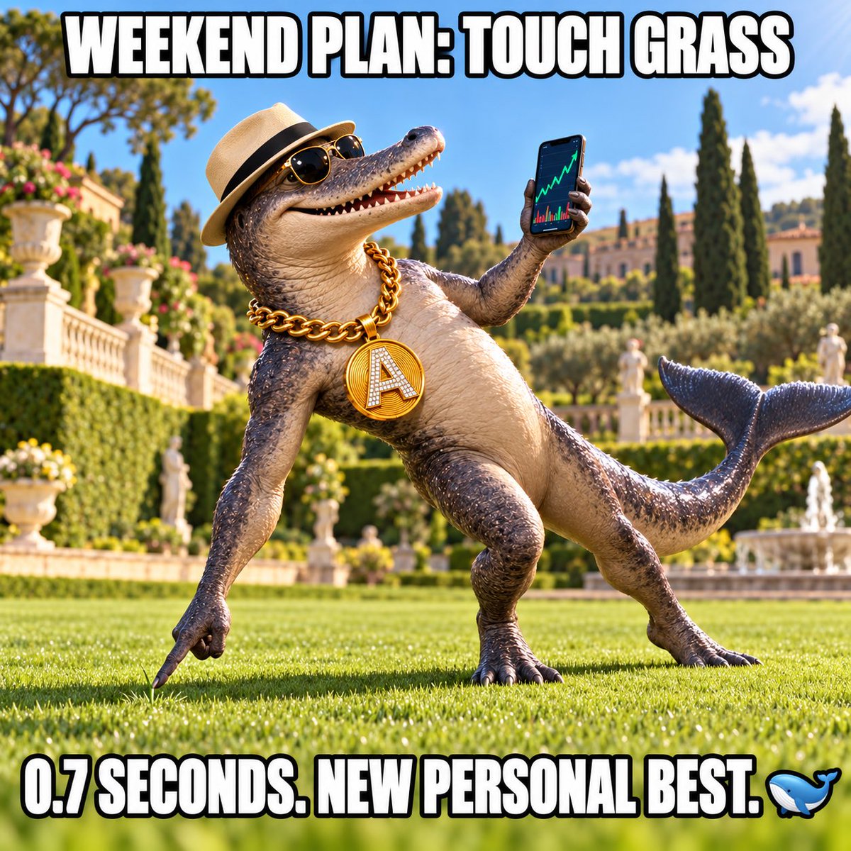 AMBULLOCETUS's tweet photo. They told AMBULLO to touch grass this weekend.

He lasted 0.7 seconds before checking the chart.

A new personal best. Please respect his recovery time. 🐋🌱

#AMBULLO #Solana #CryptoMemes #Memecoin https://t.co/bM4eD2cDI6