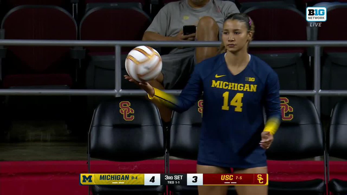 A female volleyball player wearing a blue Michigan #14 jersey tossing a ball during a game against USC, with a Big Ten Network scoreboard showing Michigan leading 4-3 in the 3rd set.