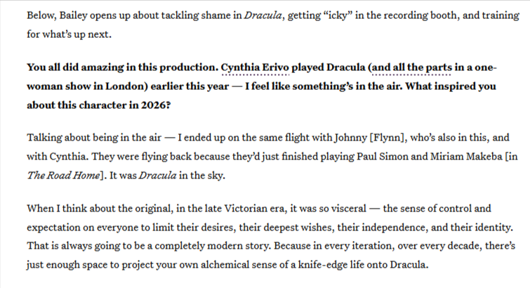 Cynthia_land2's tweet photo. A Cynthia Erivo mention in Jonathan Bailey 's Bustle article about his Dracula Audible series 🥰🧛❤️ https://t.co/LQM7veNGtJ