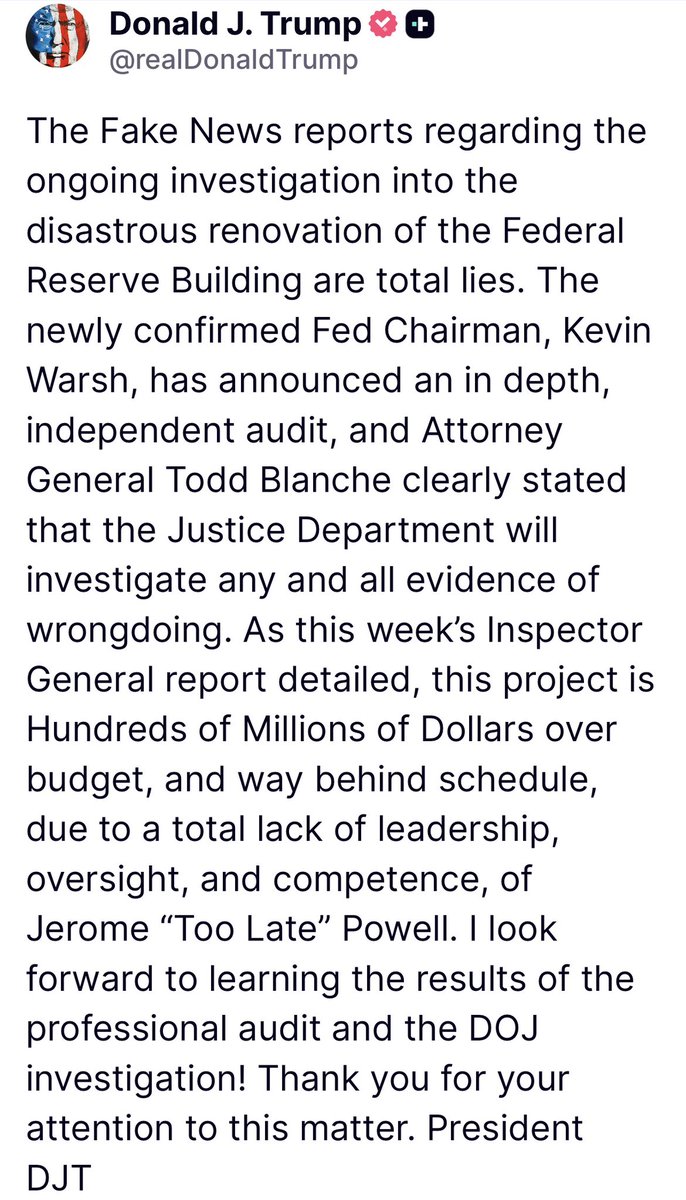 TrumpDailyPosts's tweet photo. JUST IN: President Trump just posted on the federal reserve scandal that is being investigated with “Too Late“ Powell and the billions that were misused. https://t.co/ZqwMtCxv5s