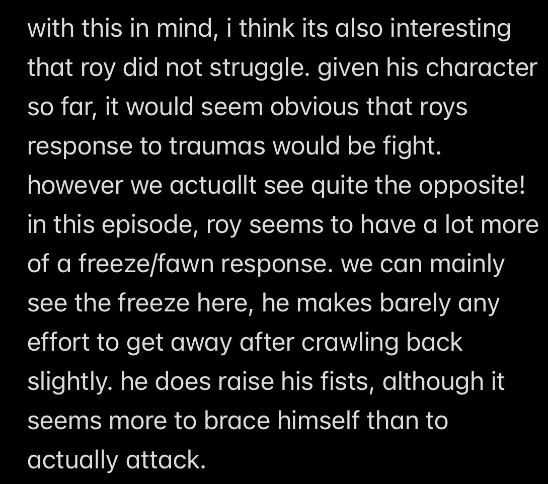 royvanido's tweet photo. roy showing a freeze/ fawn response , as well as parallels between this scene and his trauma. https://t.co/JpeFhw9W0H