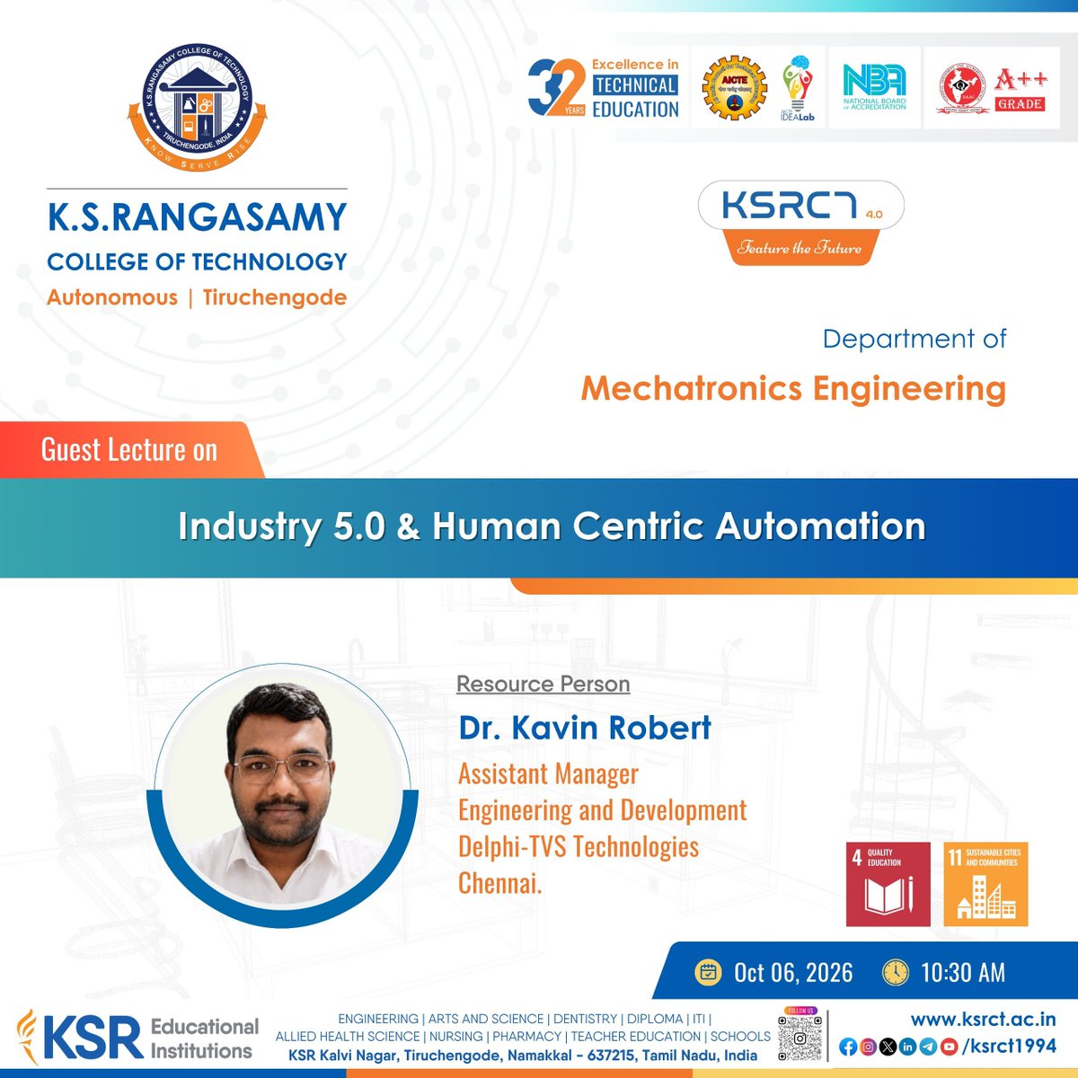ksrct1994's tweet photo. 🤖 Guest Lecture: Industry 5.0 & Human Centric Automation
🎙️ Dr. Kavin Robert, Delphi-TVS Technologies, Chennai
📅 06/10/2026 | ⏰ 11:30 AM | 💻 Online
#KSRCT1994 #Industry50 #Mechatronics https://t.co/48S11Or9qc