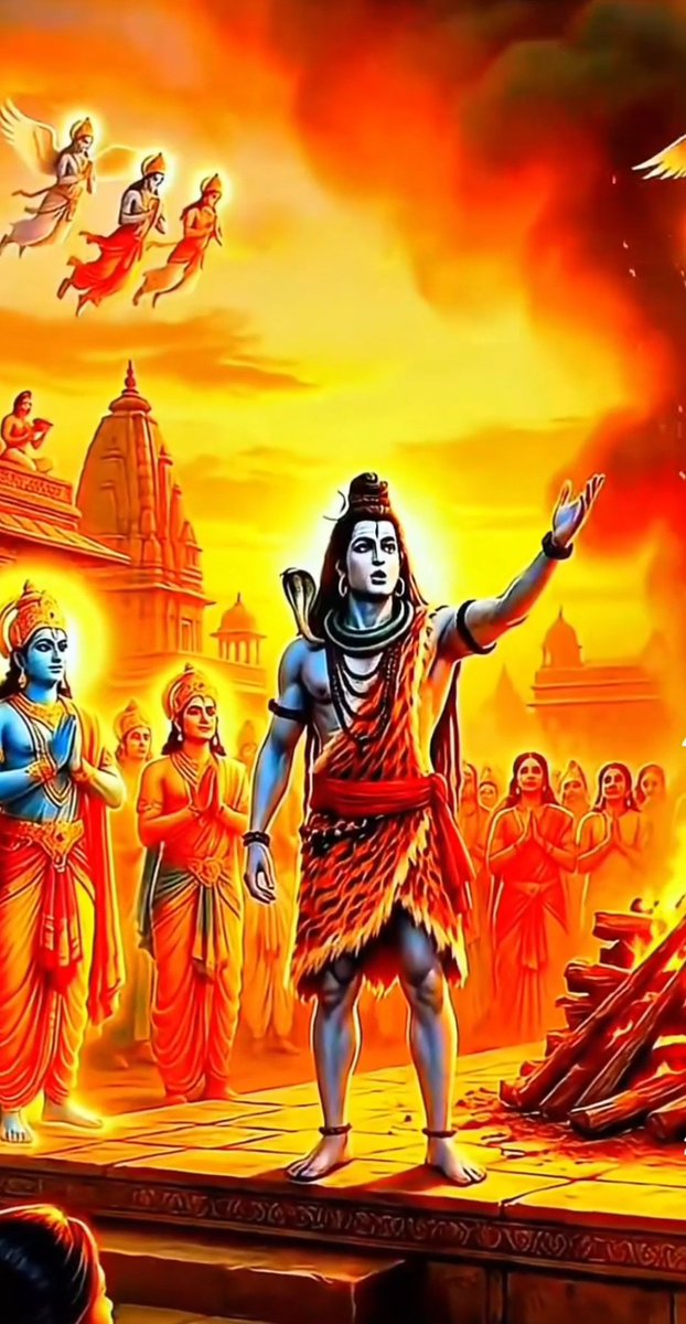 A vivid Hindu religious illustration showing Lord Shiva in traditional attire with a snake around his neck, standing before a temple with a blazing fire, while Vishnu and other figures watch, and celestial beings fly through the orange sky above.