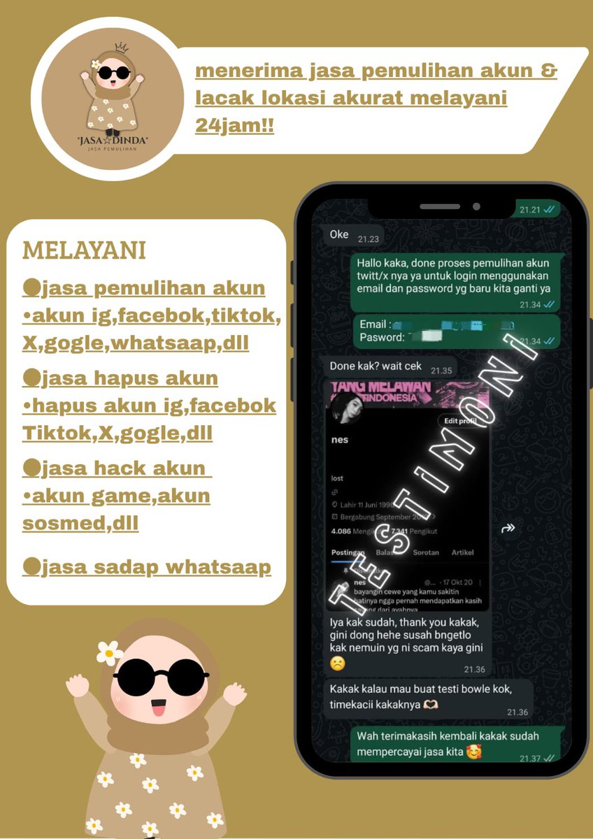 pistxcio's tweet photo. recovery &amp; delete account media sosial

jasa pemulihan akun
- instagram, whatsapp, x, gmail, tele, youtube, google, data data, game, steam, lain sebagainya

hapus akun
- facebook, tiktok, line, get contact sadap wa, lacak lokasi, hack akun
#zonauangㅤ
 fsr?📲whatsapp di bio! https://t.co/GBYehDihKi