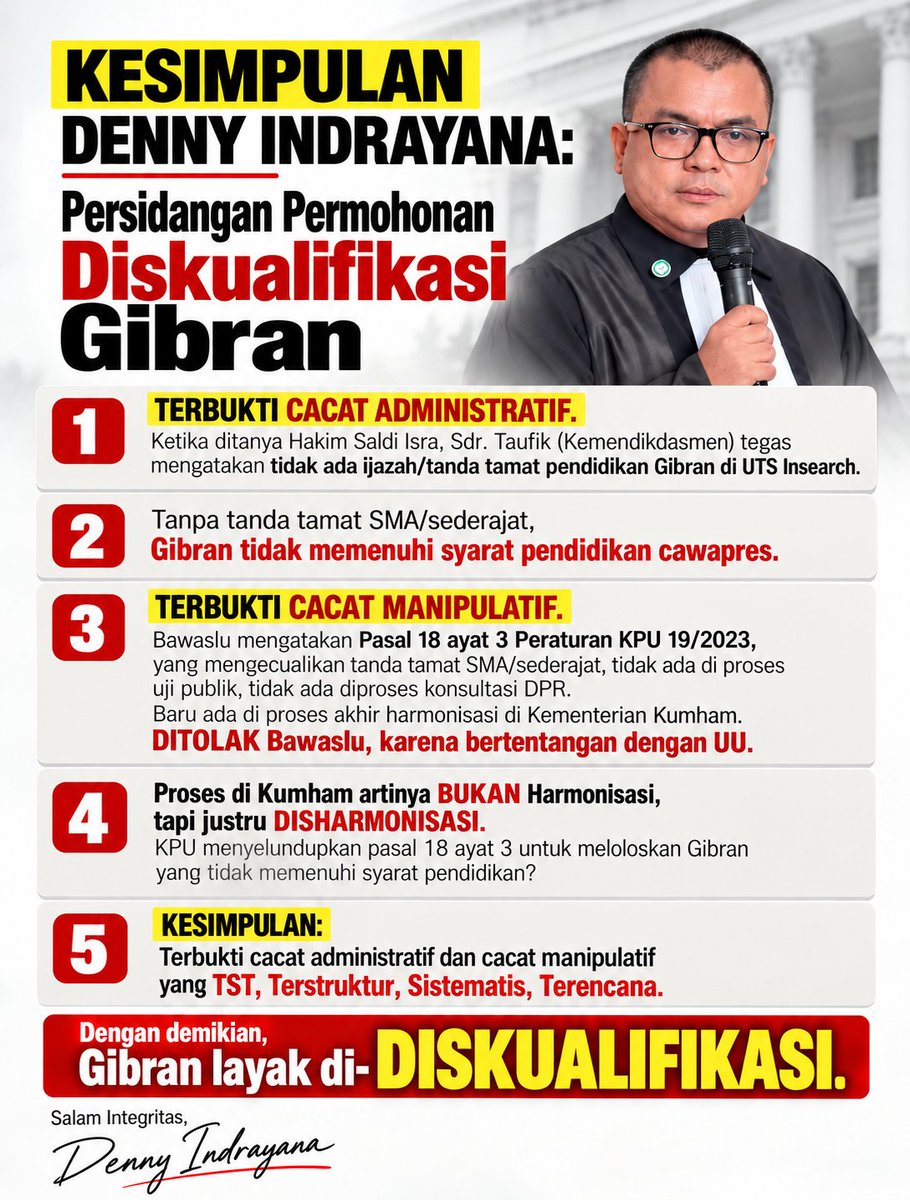 dennyindrayana's tweet photo. Berikut kesimpulan saya atas seluruh persidangan Permohonan Diskualifikasi Gibran. 

Salam Integritas! https://t.co/6ifSSGsaIq