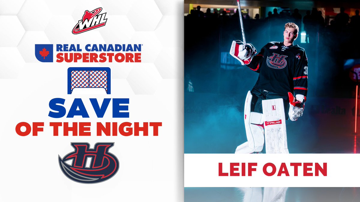 A promotional graphic for the WHL 'Save of the Night' sponsored by Real Canadian Superstore, featuring hockey goaltender Leif Oaten in a Lethbridge Hurricanes jersey walking onto the ice.