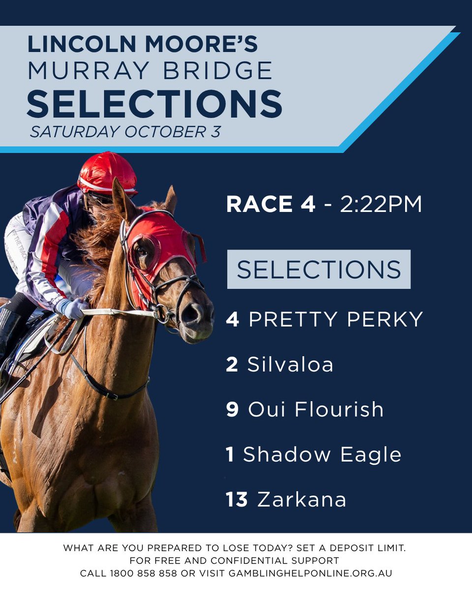 RacingSA's tweet photo. The Lawrence &amp; Hanson Sparky Plus Handicap is less than half an hour away here at Murray Bridge on Gold Cup Day!

Check out Linc’s selections for race 4!

Full Preview👉https://t.co/b8G6lv0DiF https://t.co/SDMAW66TSU