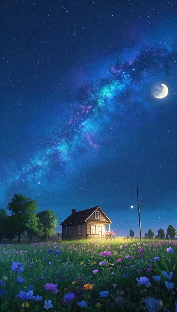 greensign0921's tweet photo. Moonlit cabin by the glimmering stream, the busy fireflies hum with strength as shadows dance across the quiet night. https://t.co/yaQEdX3USN