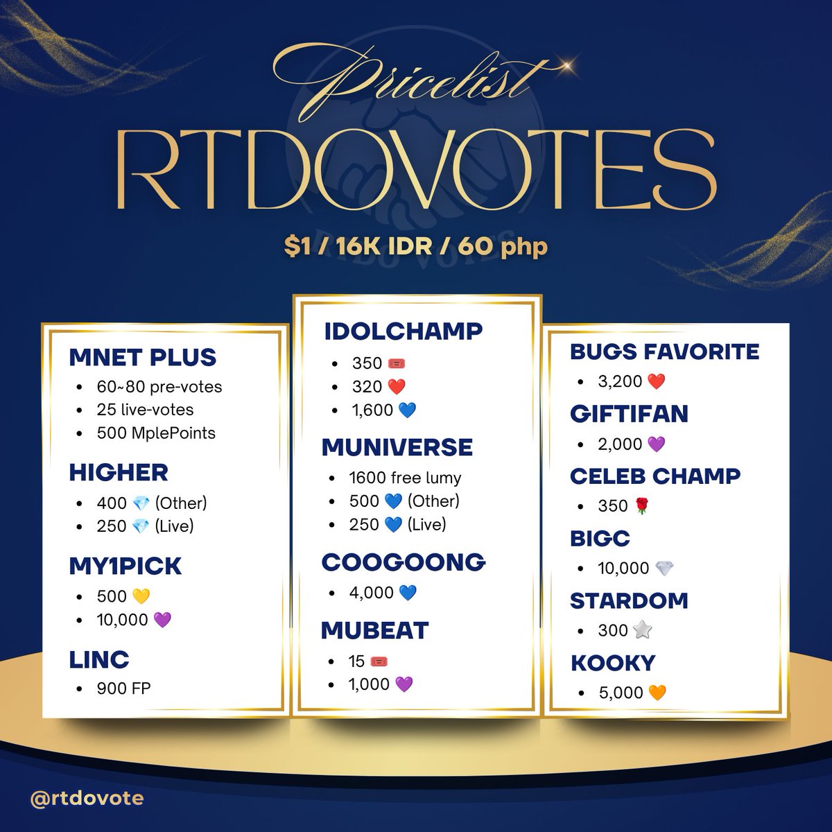 rtdovote2's tweet photo. AVAILABLE FOR SALE / RESERVATION

⁕ MNET PLUS
⁕ HIGHER
⁕ MY1PICK
⁕ LINC
⁕ IDOL CHAMP
⁕ MUNIVERSE
⁕ COOGOONG
⁕ MUBEAT
⁕ BUGS FAVORITE
⁕ GIFTIFAN
⁕ CELEB CHAMP
⁕ BIGC
⁕ STARDOM
⁕ KOOKY

wts sell jual beli voting seller selling wtb vote votes https://t.co/V1nHy7da46