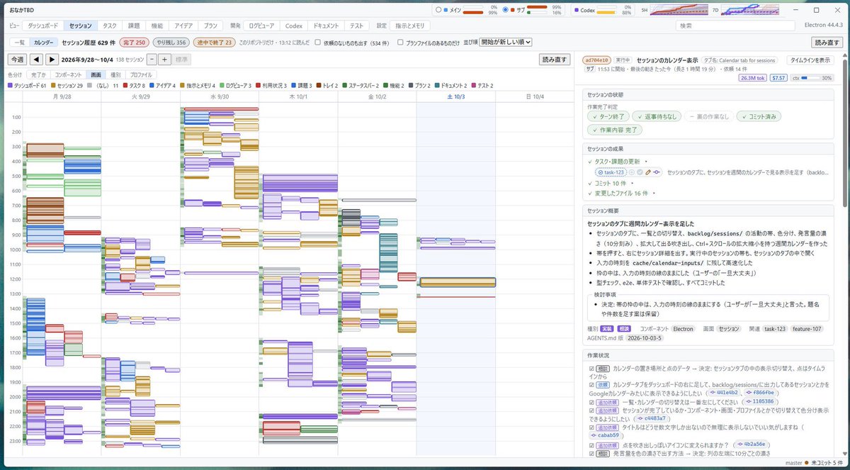 tokkyo's tweet photo. 思いつきでClaude Codeの作業履歴を可視化したらいつ何やってたか一瞬でわかるようになってクソ便利😹 https://t.co/bTJssz1MsT