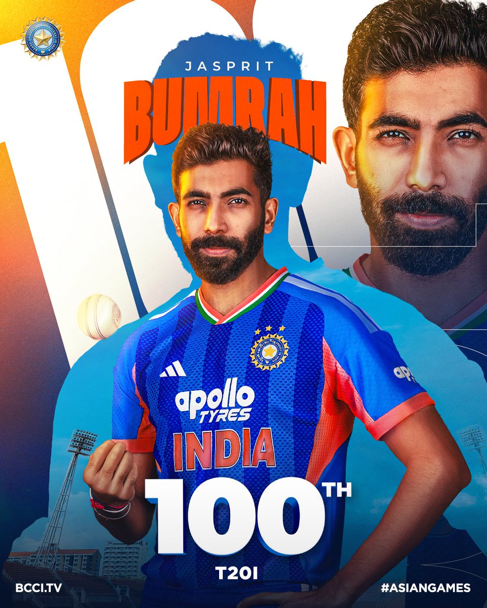 BCCI's tweet photo. 𝘽𝙤𝙤𝙢𝙞𝙣𝙜 𝙝𝙞𝙨 𝙬𝙖𝙮 𝙩𝙤 𝙖 𝙨𝙥𝙚𝙘𝙞𝙖𝙡 𝙘𝙚𝙣𝙩𝙪𝙧𝙮 💯

Congratulations to Jasprit Bumrah as he is all set to play his 1️⃣0️⃣0️⃣th T20I in #TeamIndia colours 👏👏

Updates ▶️ https://t.co/g4wzZagyGj

#AsianGames | @Jaspritbumrah93 https://t.co/wilTJmNm7h