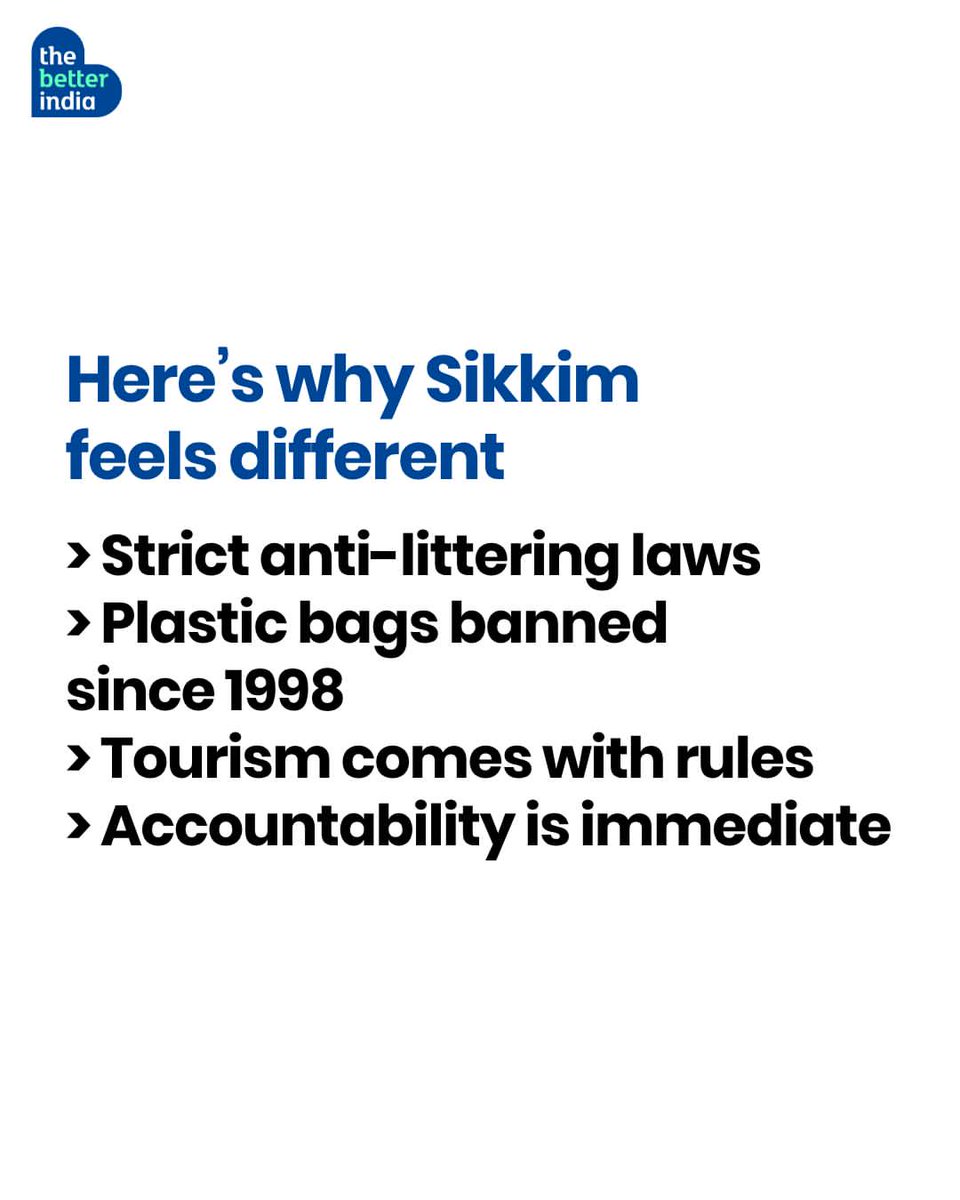 thebetterindia's tweet photo. A tourist threw orange peels out of a moving car in Sikkim. The car was stopped. He was asked to step out and pick up every single peel. No drama. Just accountability. 🌿 That’s why Sikkim feels different. Cleanliness there isn’t “someone else’s job.” From banning plastic bags to people actively stopping littering, the state has built a culture of ownership and respect for public spaces. If Sikkim can do it, why can’t the rest of India? 🇮🇳✨

 #Sikkim #CleanIndia #CivicSense #SustainableIndia #PositiveIndia
 [Sikkim Cleanliness, Civic Sense India, Sustainable Living India, Organic State Sikkim, Clean India Movement]