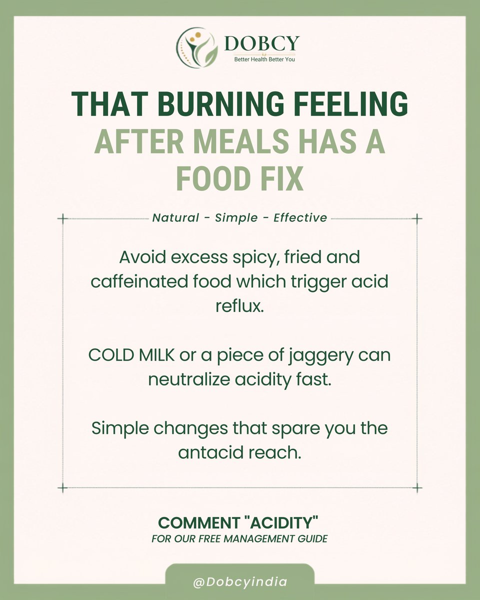 dobcyindia's tweet photo. Burning after meals?

Cut back on spicy, fried, and caffeine-heavy food.
For quick relief, try cold milk or a small piece of jaggery

Simple fixes before you reach for the antacid.

#AcidityRelief #GutHealth #Dobcyindia https://t.co/7iMYICfjEM