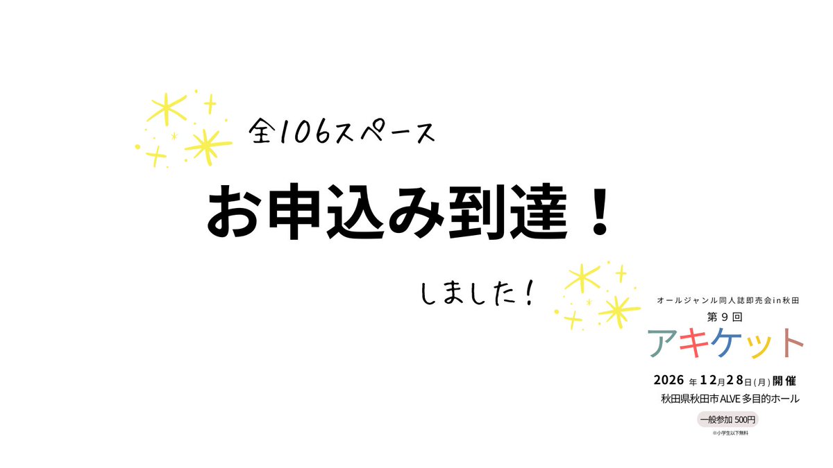 akiketto's tweet photo. 📣第9回アキケット

おかげさまで、全106SPのお申込みに達しました‼

たくさんのお申込み、ありがとうございました。

これをもちまして、お申込みフォームをとじさせていただきました。

12月28日(月)は秋田市 ALVE多目的ホールでお会���しましょう！

※今後キャンセル等が出た場合はお知らせします https://t.co/9heeBrJ91g