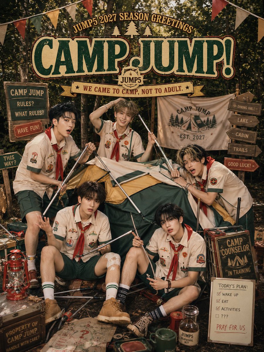 JUMP5_official's tweet photo. JUMP5 점프파이브 SEASON GREETINGS [CAMP JUMP!] 🏕️

랜디팡! 점팡이들과 캠핑 떠날 준비됐나요? ⛺💙
2027년, 우리만의 특별한 캠프에서 만나요! 🌲✨

#JUMP5 #점프파이브
#LAND5 #랜드파이브 https://t.co/egFob5xat3