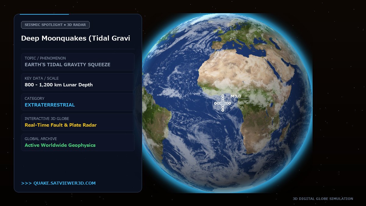 quakeviewer3d's tweet photo. Deep Moonquakes / Tidal Grip 🌔
Occur at 800-1,200 km depths, triggered monthly by Earth's gravity pull! 🧲
💡 Trivia: Earth's tidal squeeze flexes the lunar interior on monthly cycles.

Track live 3D globe (link in bio) 👆
#Moonquakes #TidalForces #Space https://t.co/kPkP6hx5qu