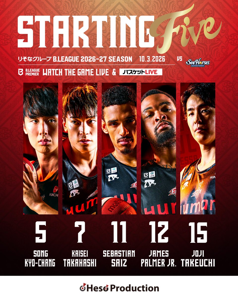osakaevessa's tweet photo. !!STARTING 5!!
#5 #ソンギョチャン
#7 #高橋快成
#11 #セバスチャン・サイズ
#12 #ジェイムズ・パルマージュニア
#15 #竹内譲次

#大阪エヴェッサ https://t.co/H03Kjp3T38