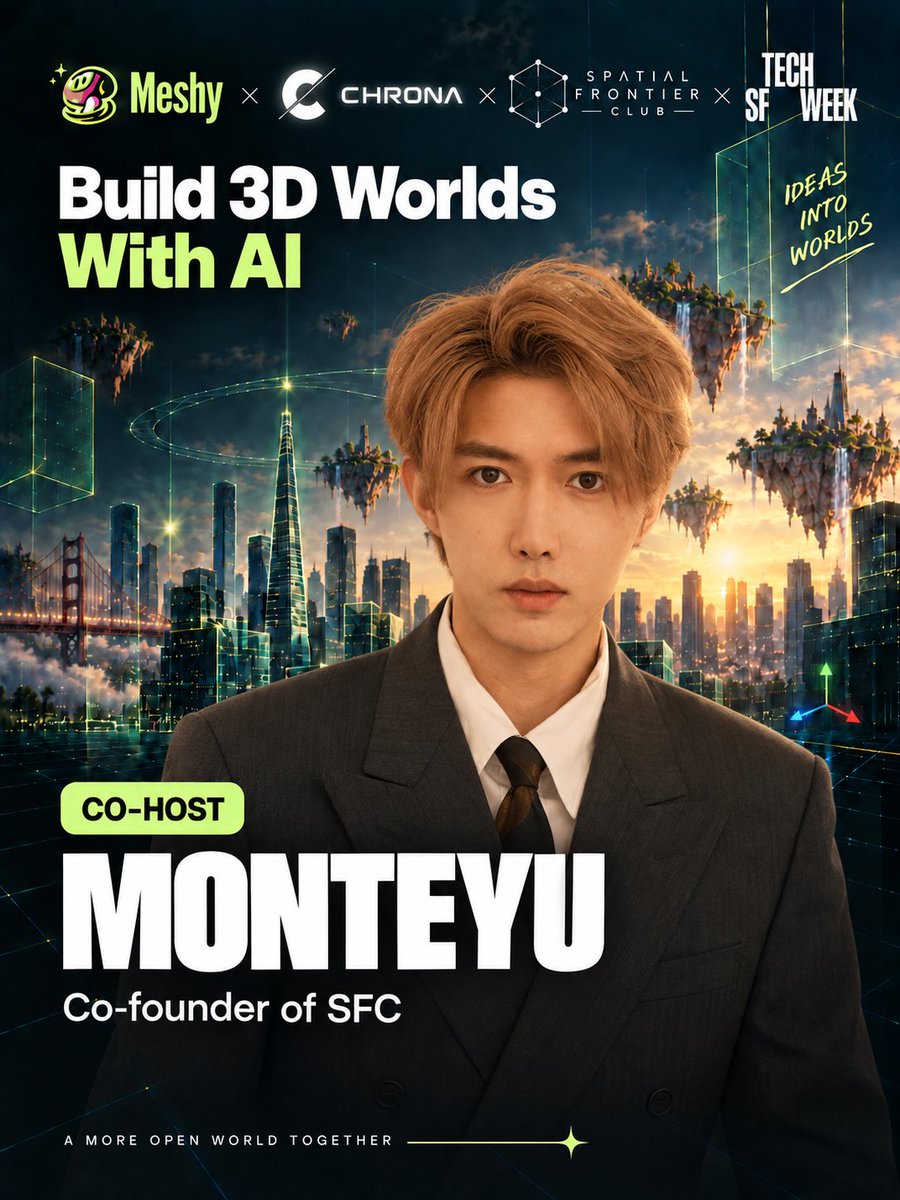 ChengxinYu27's tweet photo. Oct 10 · San Francisco · #SFTechWeek

@SpaceFronClub  × @MeshyAI  × @Chrona are hosting Build 3D Worlds With AI.

🎙️ Yiqi Zhao @Meta  — 3D × GenAI & next-gen consumer experiences
🛠️ Tony Liu @MeshyAI  — latest models & AI-powered 3D workflows
🎮 Jinnan Chen @Roblox  — AI coding & interactive world creation
Plus 6 creator demos, browser-based projects & a hands-on 3D avatar experience.
🕐 1:30–5:00 PM
🎟️ https://t.co/vAcOosYxlg

#GenerativeAI #3D #AICoding #GameDevelopment #SpatialComputing #XR