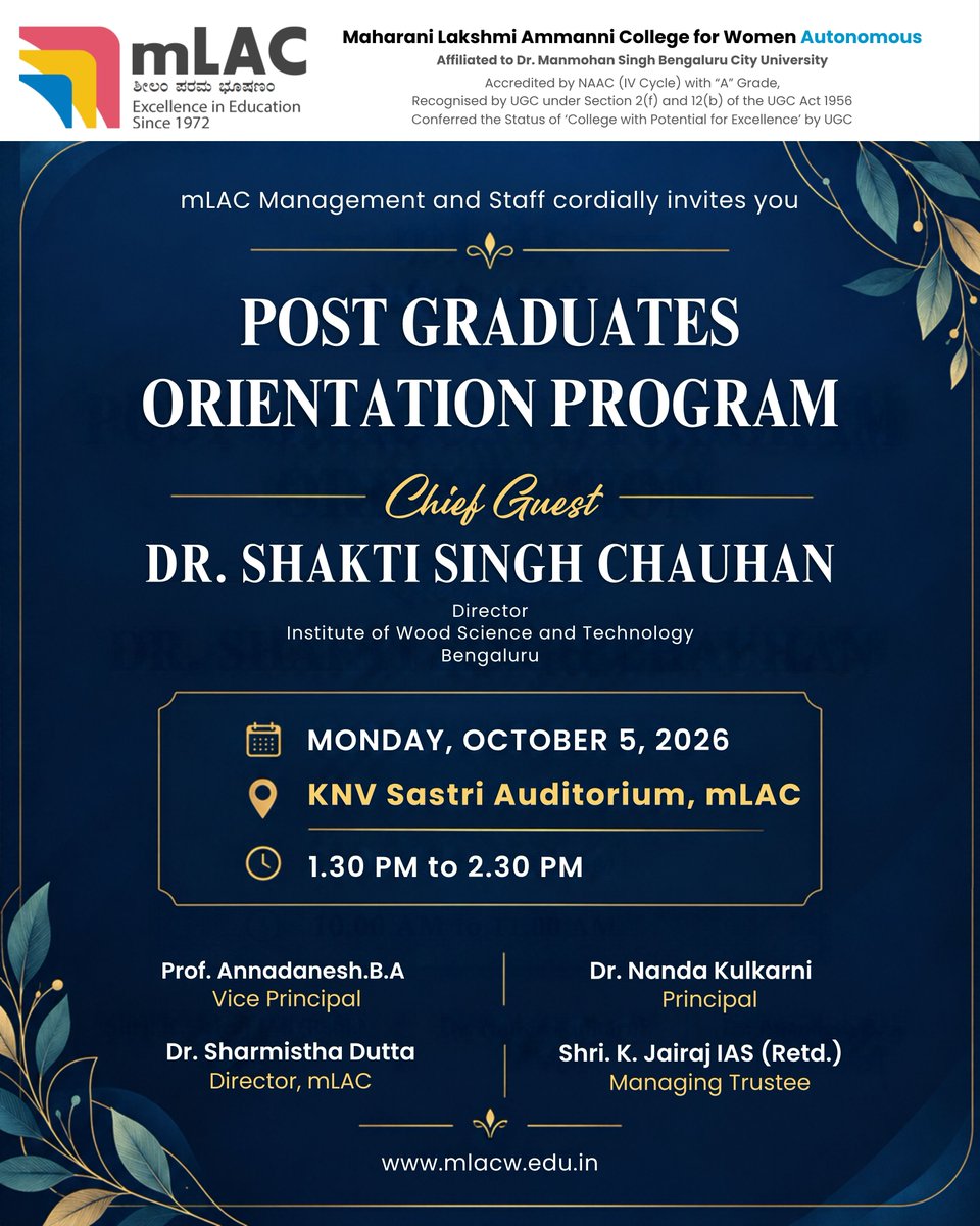 mLAC1972's tweet photo. Welcoming our postgraduate students to a new journey of learning, growth, and opportunities! mLAC looks forward to an inspiring Post Graduates Orientation Programme. ✨

📅 October 5, 2026 | 📍 KNV Sastri Auditorium, mLAC
#mLAC #PostGraduateOrientation #StudentLife https://t.co/Q813Y2sz0v