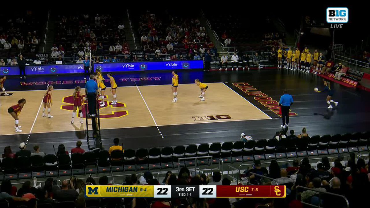 A women's college volleyball match between Michigan (9-4) and USC (7-5) tied 22-22 in the 3rd set, broadcast on the Big Ten Network, with USC players in yellow ready to receive a serve.