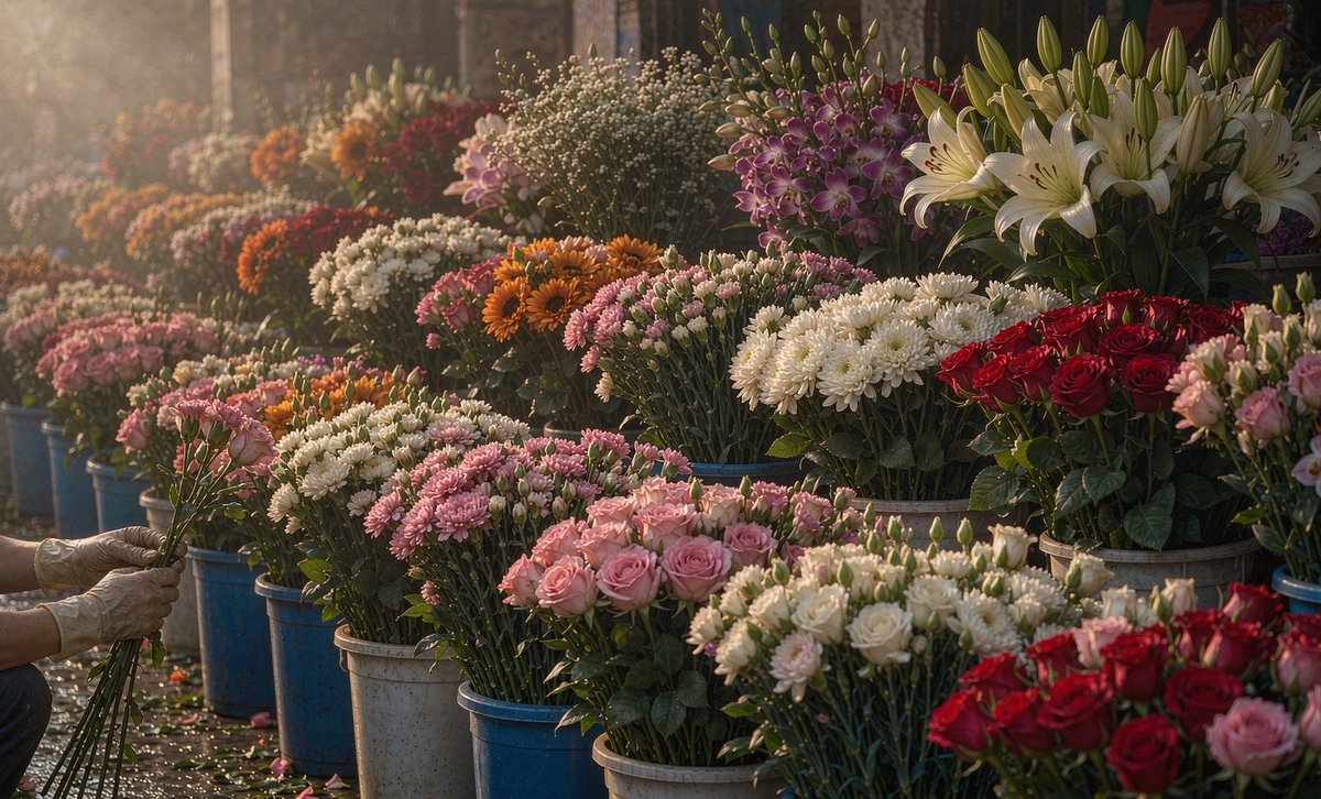 gimleking's tweet photo. Hồ Thị Kỷ flower market opens at 5am. Rows of roses, lilies, sunflowers still wet with dew — the city's quietest kind of wealth. #HoTiKy #Saigon #Vietnam https://t.co/cQjMPm1h3r