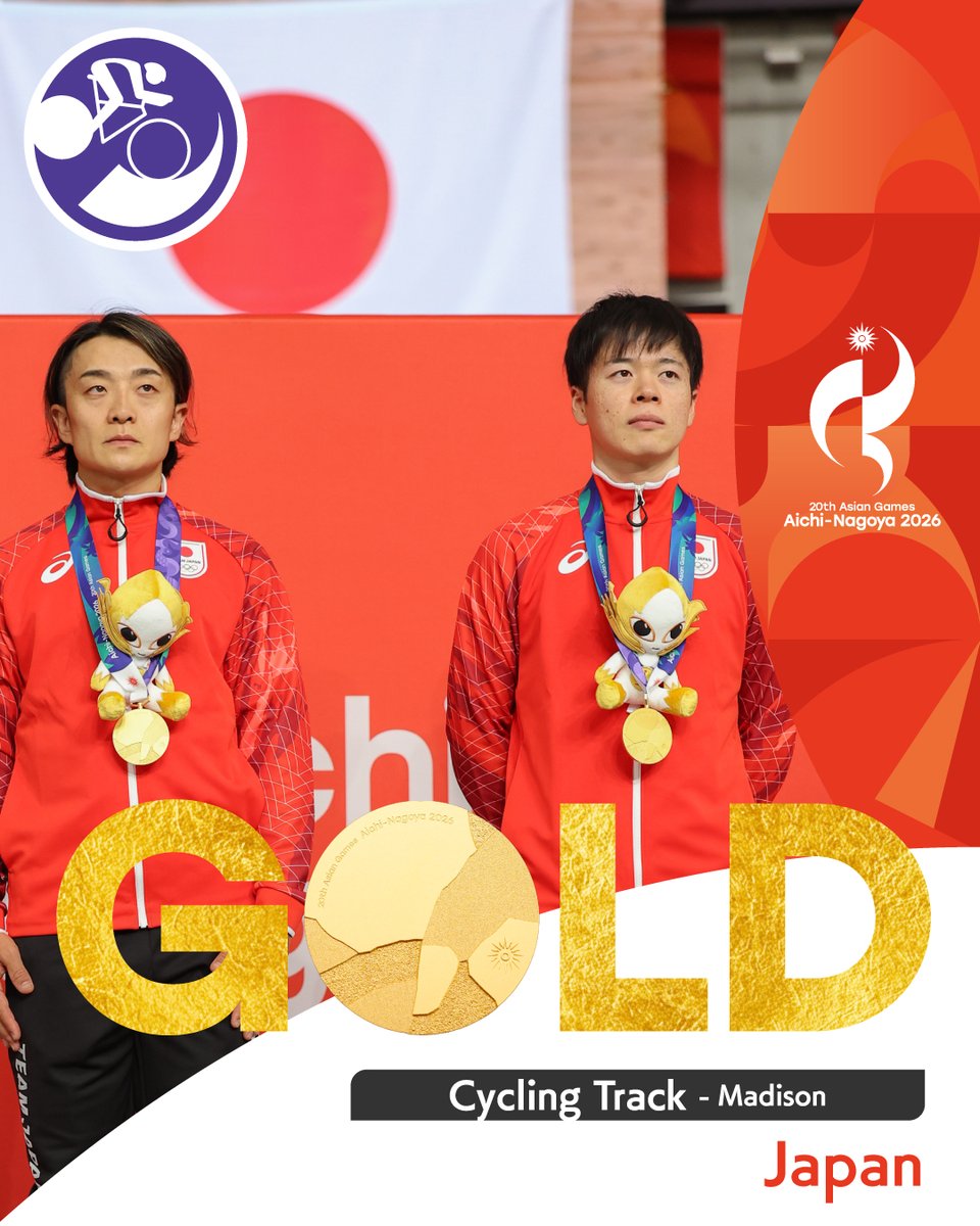 AsianGames_2026's tweet photo. ／
🥇金メダル！ ✨
＼
━━━━━━━━━━━
Cycling Track | Men's Madison
━━━━━━━━━━━

Japan wins gold! 🥇✨
Congratulations🎉

#アジア競技大会 #愛知名古屋2026 https://t.co/9zwu67KO6C