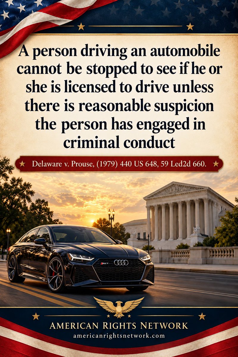 skillz17q's tweet photo. YOUR LICENSE PLATE SHOULD NOT BE A BLANK CHECK FOR POLICE POWER.

You haven’t swerved. You haven’t sped. An officer runs your plates, sees the registered owner’s license is revoked, and suddenly you’re watching flashing lights.

Courts permit that stop under certain circumstances. But permission has limits.

Delaware v. Prouse rejected random license-check stops at an officer’s unrestricted discretion. Kansas v. Glover later allowed an officer to reasonably infer that an owner with a revoked license is driving, unless other information undermines that inference.

The owner is not always the driver. A database result is not proof of who is behind the wheel. Facts that undermine the reason for a stop cannot simply be ignored.

Demand accountability: What information justified the stop? What did the officer actually observe? What supported an arrest?

A badge does not erase the Fourth Amendment.