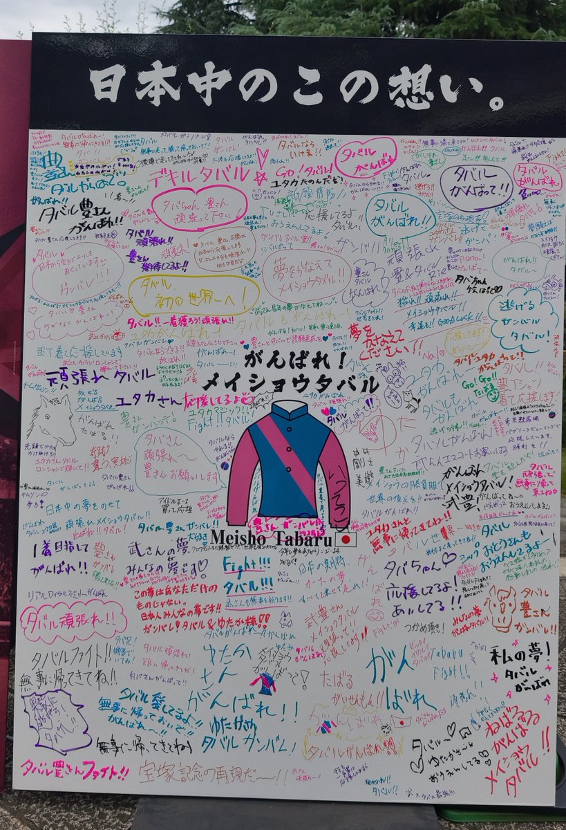 JunKeiba3F's tweet photo. 東京競馬場で凱旋門賞に挑むアドマイヤテラとメイショウタバルへの寄せ書きが集まっていました
個人的に好きなのはカランダガンにまた勝て！
(凱旋門賞にカランダガンはいません) https://t.co/JKjNCRsJSZ