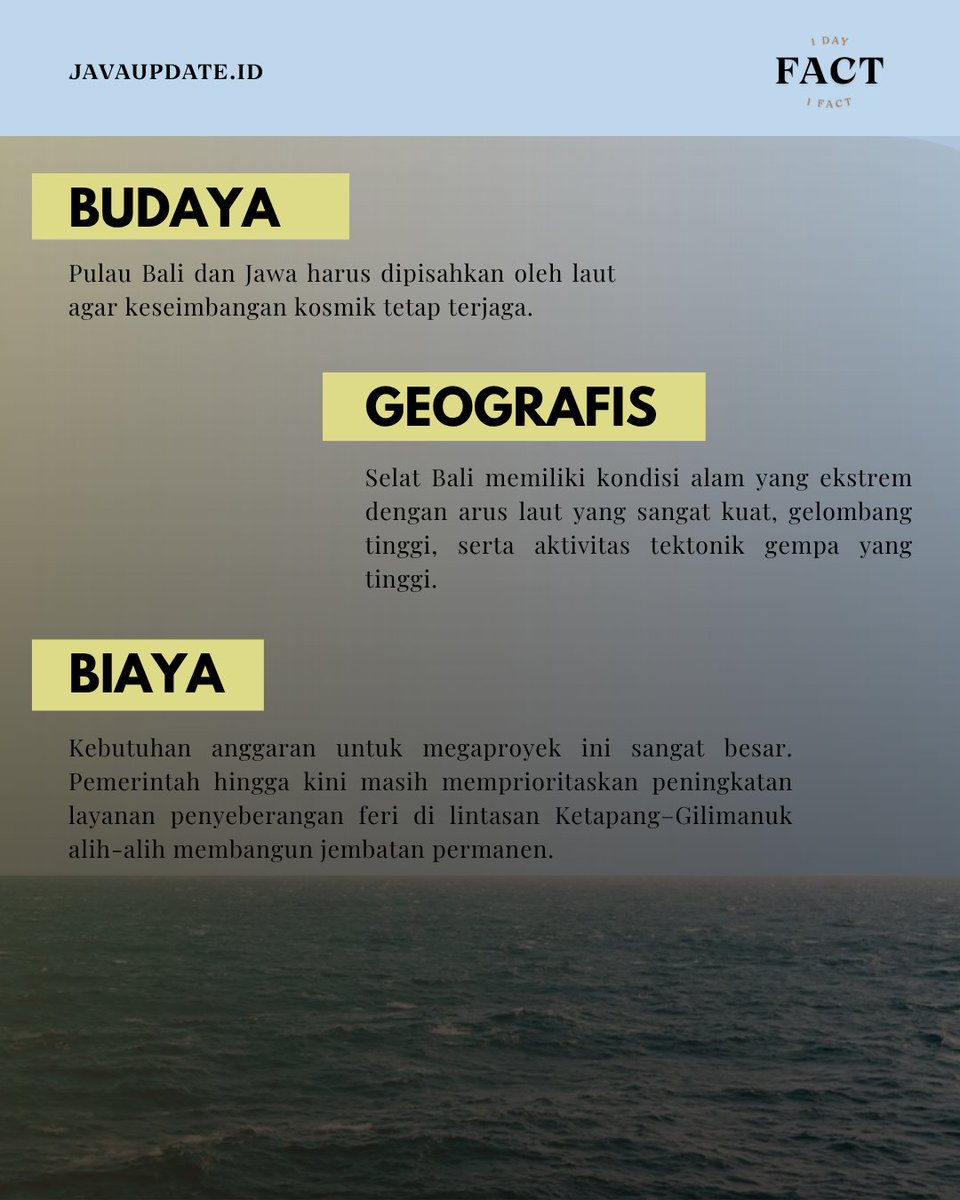 javaupdateid's tweet photo. JEMBATAN SELAT BALI: ANTARA KONEKTIVITAS &amp; KELESTARIAN

Rencana pembangunan Jembatan Selat Bali kembali menarik perhatian. Di satu sisi, konektivitas antara Jawa dan Bali berpotensi membuka peluang baru bagi mobilitas, logistik, hingga perekonomian. https://t.co/WR4x7Q7Mka