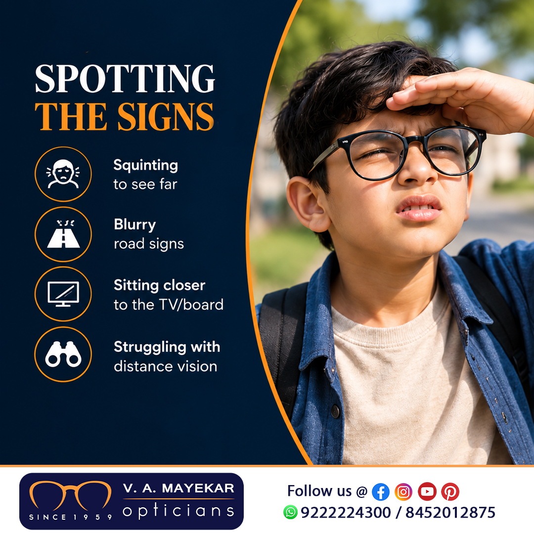VAMayekarOptics's tweet photo. Myopia can cause blurry distance vision. Signs include squinting, blurry road signs, or sitting closer to screens/boards.
Notice changes in your vision? Get your eyes tested at V. A. Mayekar Opticians.
📍 Thane & Mumbai | 📞 9222224300
#Myopia #EyeCare #ClearVision #EyeTest https://t.co/iDTWrwt5uA