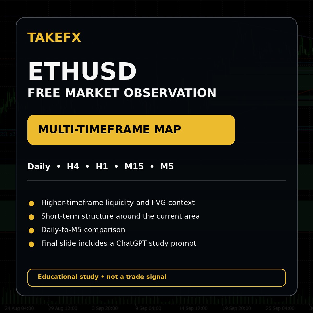 takeshitake34's tweet photo. ETHUSD Free Market Observation
A fresh multi-timeframe view from Daily down to M5.
Current focus:
Higher-timeframe liquidity and Fair Value Gap context
How H1 fits inside H4
M15 / M5 short-term structure
Whether the current area expands, rejects, or remains compressed
Swipe to the final image for a beginner-friendly ChatGPT study prompt.
Educational & informational use only.
Not financial advice or a trade signal.
#ETHUSD #Ethereum #Liquidity #MarketStructure #TAKEFX
