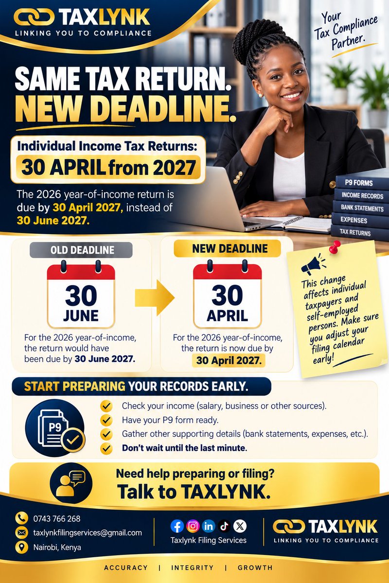 TaxLynkFilingS's tweet photo. Same tax return, new deadline

 Have you adjusted your filing calendar?
From 2027, individual income tax returns move from 30th June to 30th April. Start preparing early and avoid last-minute filing stress.
#TaxLynk #FinanceAct2026 #TaxReturns https://t.co/99PfZ2sMmA