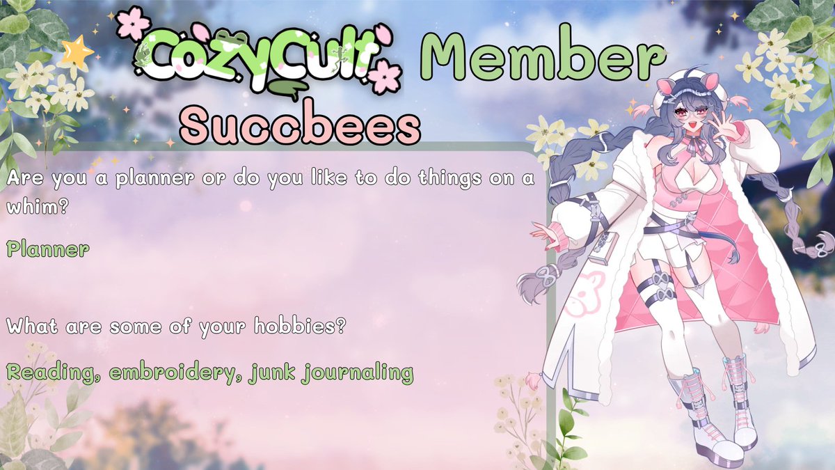CultCozy's tweet photo. ╭─────· 𓆩Cultist of the week𓆪 ·─────╮
@succbees https://t.co/0zvPnLbNmq