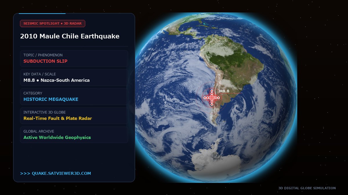 quakeviewer3d's tweet photo. 2010 Maule Chile Quake 🇨🇱
M8.8 subduction shock moved the city of Concepción 3 meters west in under 3 minutes! 📐
💡 Trivia: NASA confirmed the megaquake shifted Earth's figure axis by 8 cm.

Track live 3D globe (link in bio) 👆
#Chile #Maule #Earthquake https://t.co/JVXR13lAIh