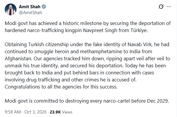 ANI's tweet photo. Union Home Minister Amit Shah announced that India has secured the deportation of hardened narco-trafficking kingpin Navpreet Singh from Türkiye.

In his tweet, the Union Home Minister wrote, "...Obtaining Turkish citizenship under the fake identity of Navab Virk, he had continued to smuggle heroin and methamphetamine to India from Afghanistan. Our agencies tracked him down, ripping apart veil after veil to unmask his true identity, and secured his deportation. Today, he has been brought back to India and put behind bars in connection with cases involving drug trafficking and other crimes he is accused of. Congratulations to all the agencies for this success."
