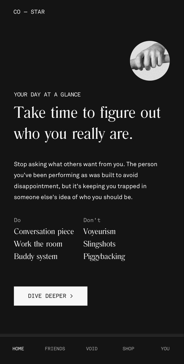 DarcyAsks's tweet photo. isn’t it weird that i don’t even think Co–Star @costarastrology is 100% accurate

but somehow i still open it every single day

maybe that’s when you know an AI consumer app has really figured out retention

not whether users believe you, but whether they keep coming back https://t.co/zwcvd0ldTi