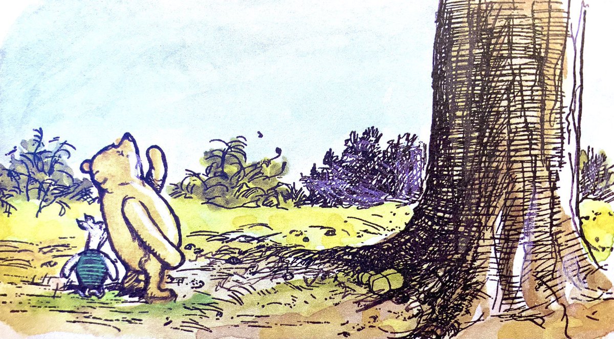 A_AMilne's tweet photo. “We can’t get down!” cried Roo.
“Isn’t it fun? Tigger and I are living in a tree, like Owl, and we’re going to stay here for ever and ever.
“How did you get there, Roo?” 
“On Tigger’s back! And Tiggers can’t climb downwards, because their tails get in the way.” ~A.A.Milne https://t.co/7hXa07xRE9