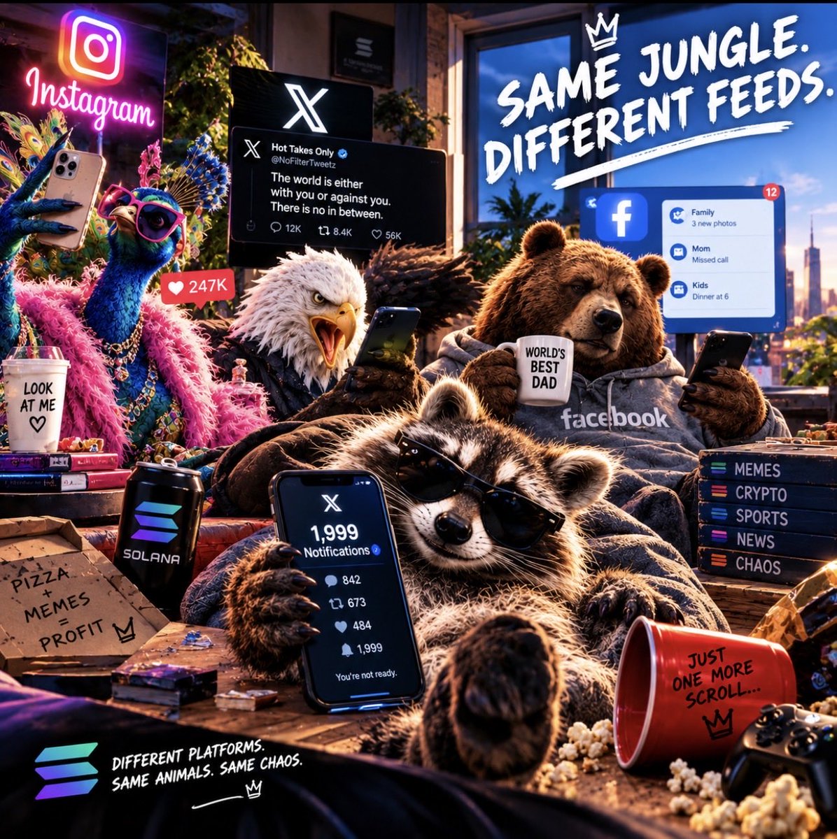 DegenWatchikpy's tweet photo. I came for the memes.
Stayed for the chaos.

Now I have 1,999 notifications and no idea what happened. 🦝💀

X is a jungle.

#Memes https://t.co/BLTBccmYpH